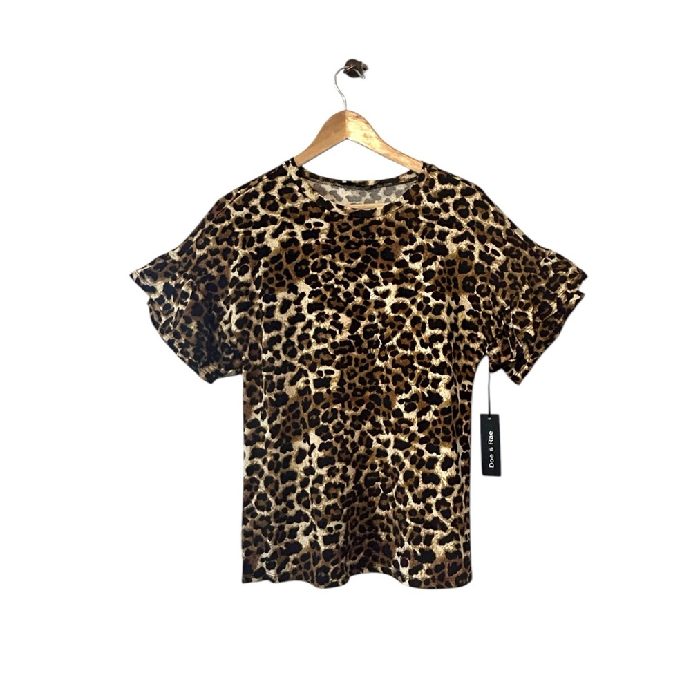 NWT Doe & Rae Animal Leopard Print top Ruffle Short Sleeves Crew Neck SMALL